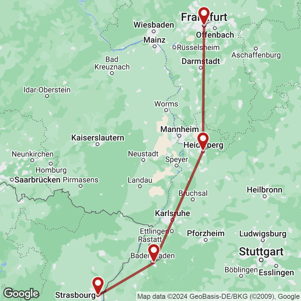 Route for Frankfurt, Heidelberg, Baden-Baden, Strasbourg tour